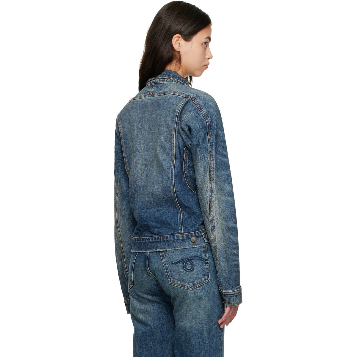 R13 Blue Skinny Wrap Around Denim Trucker Jacket