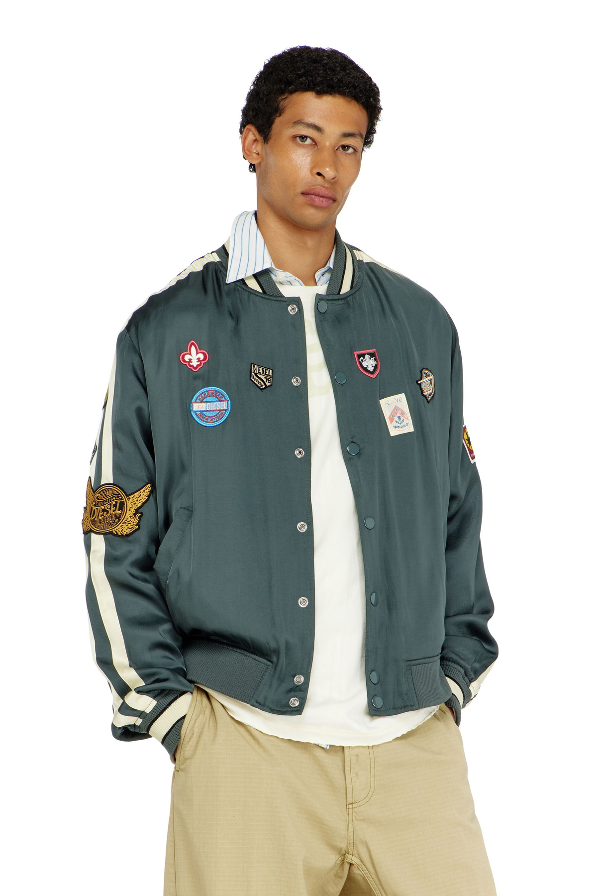 Diesel Satin bomber jacket with patches - Jackets Mens in Green