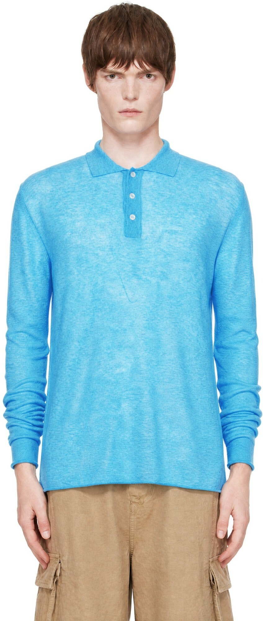 ERL Blue Overdyed Heather Knit Polo