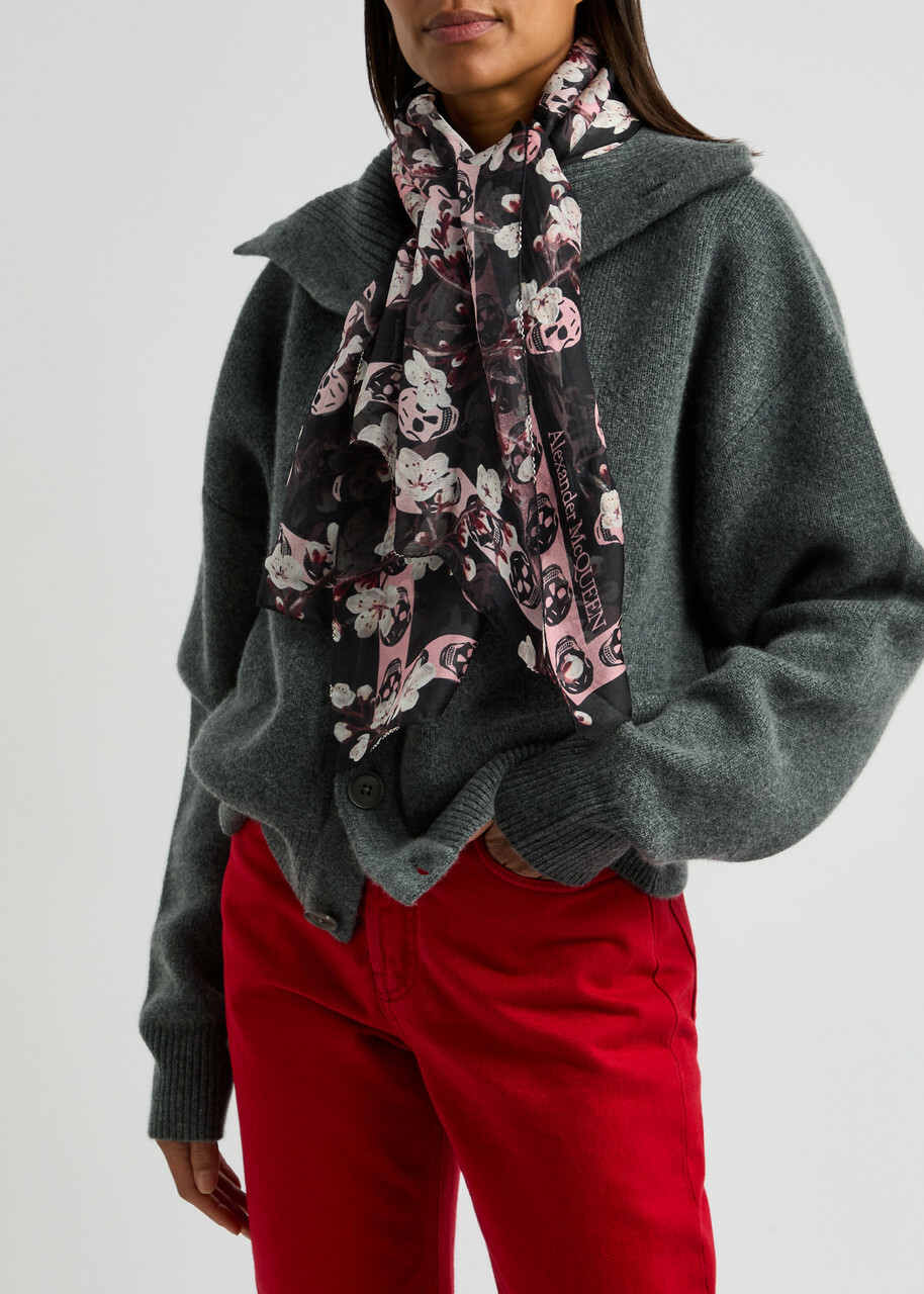 Alexander Mcqueen Blossom Skull Silk-chiffon Scarf - Black Alexander Mcqueen Blossom Skull Silk-chiffon Scarf - Black