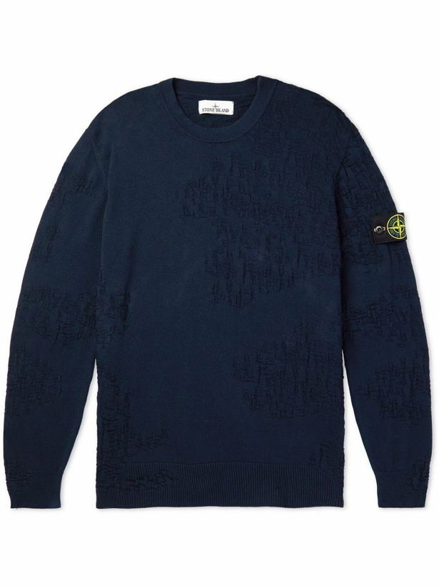 Photo: Stone Island - Logo-Appliquéd Textured-Cotton Sweater - Blue