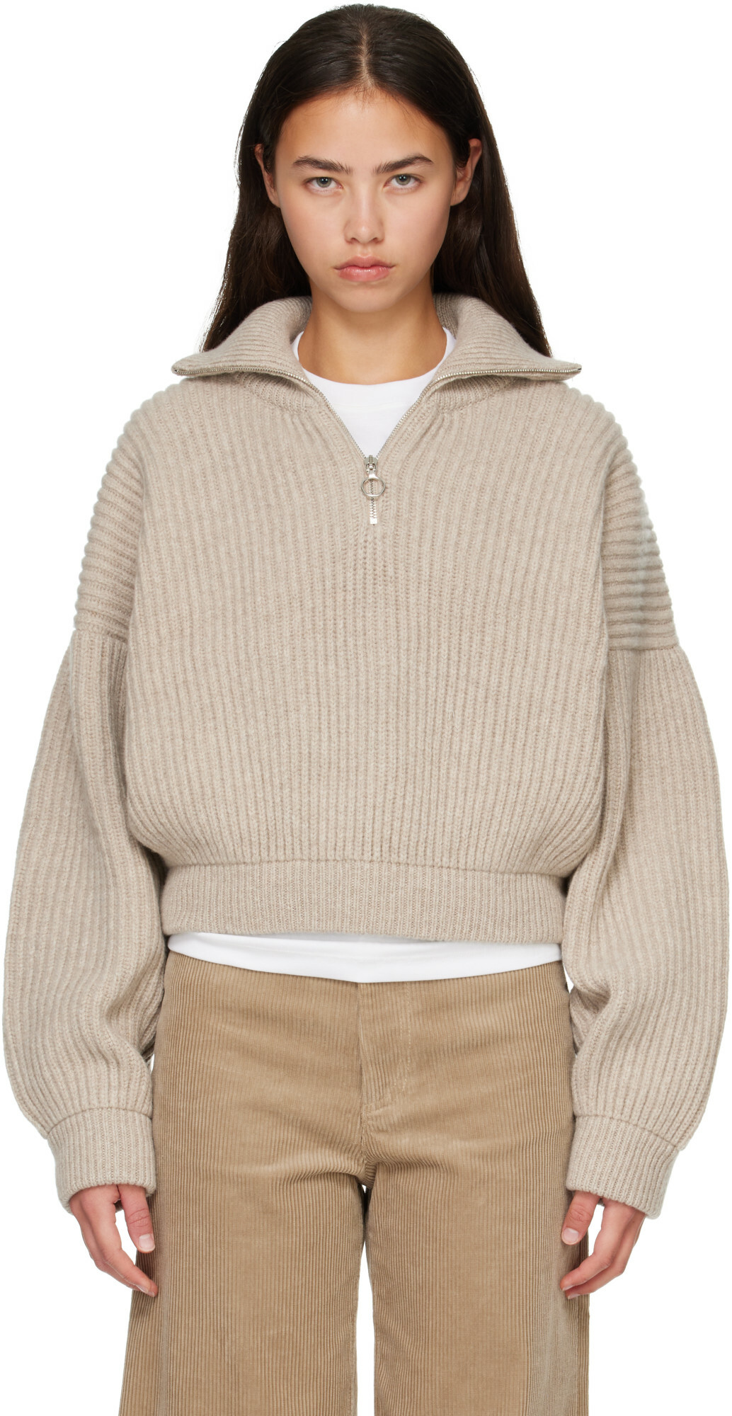 &Daughter Beige Rowan Rib Half Zip Sweater