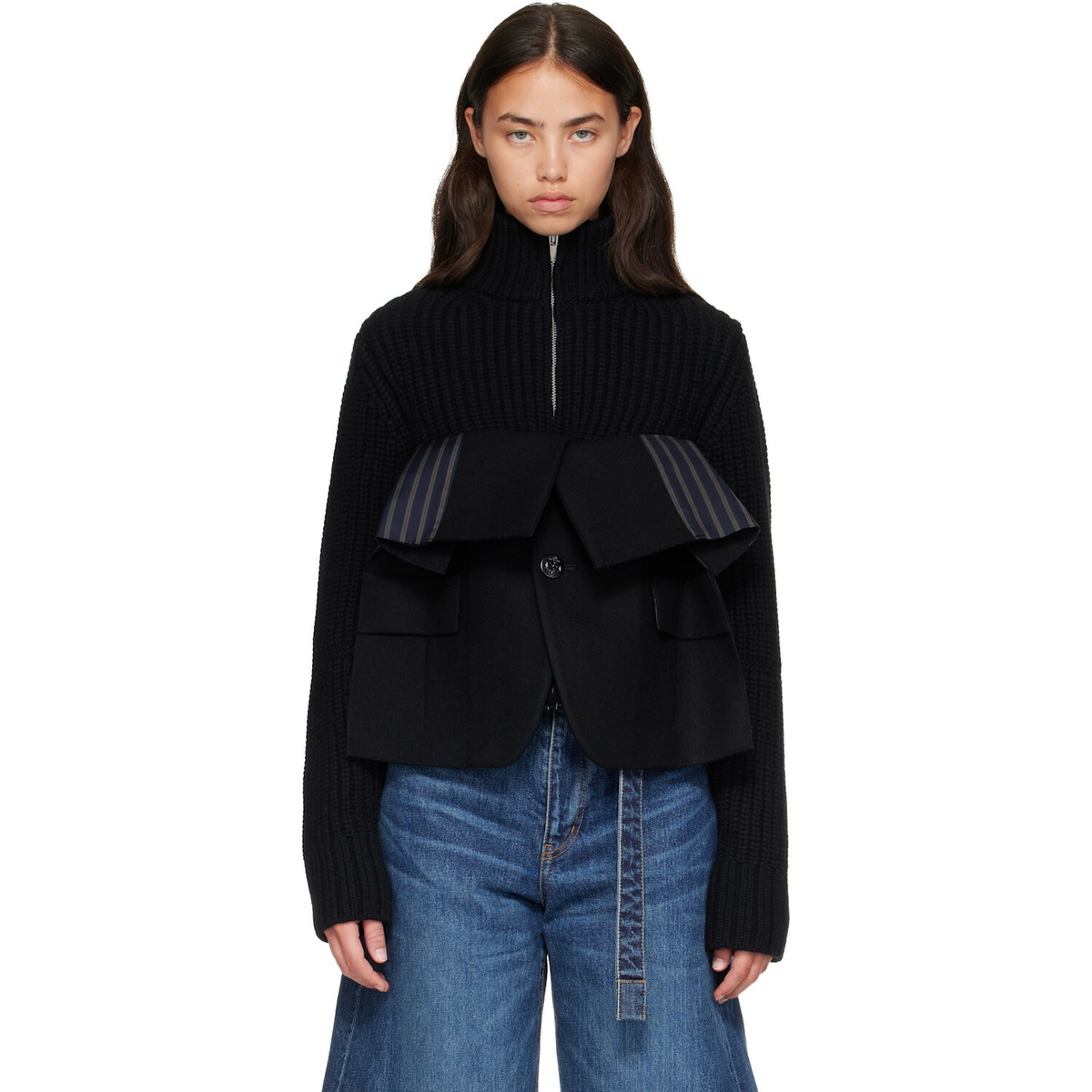 sacai Black Wool Melton x Wool Knit Blouson Jacket