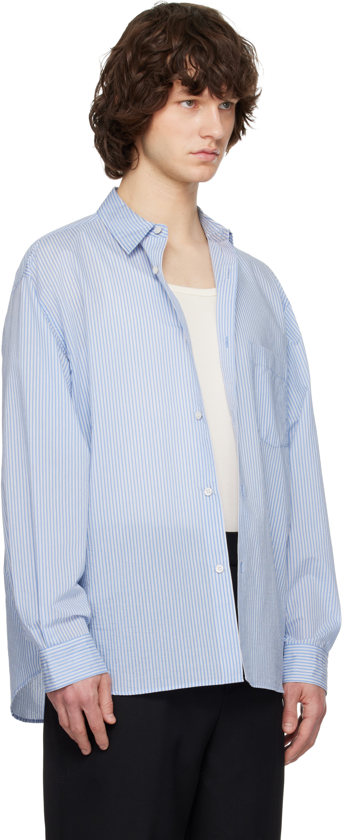 Solid Homme Blue Cotton Nylon Stripe Shirt
