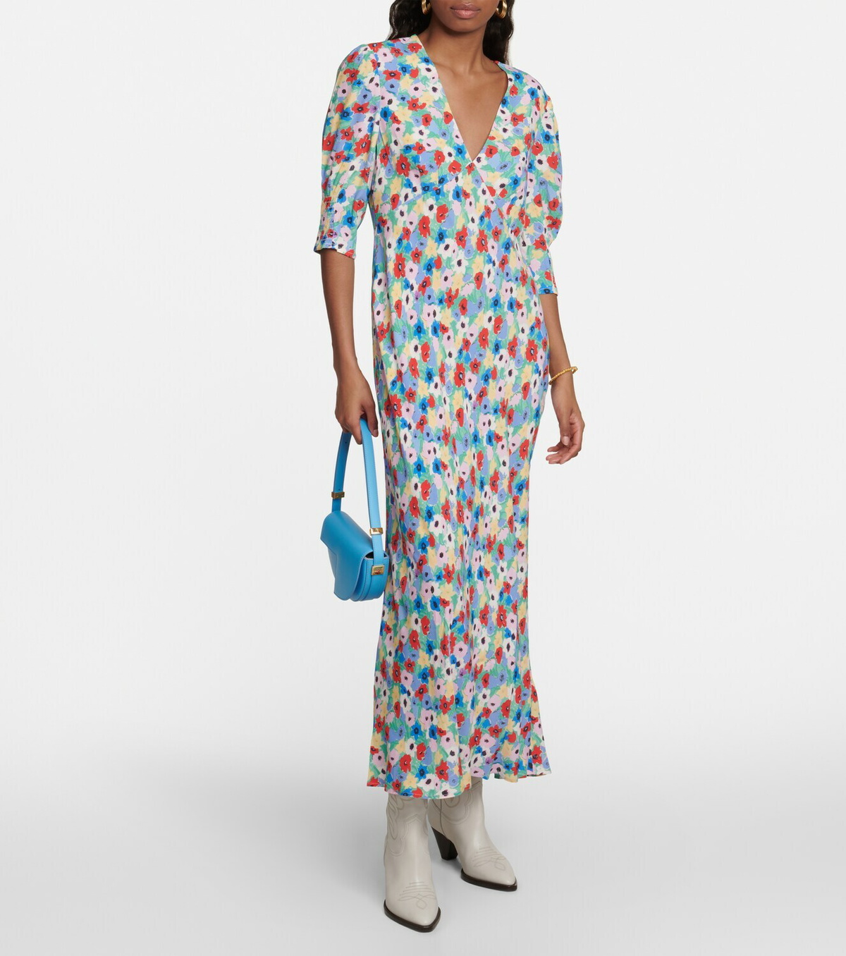 modest maxi dress with sleeves Ivory Floral Wrap-Style Modest Maxi Dress with Belt – FineLook