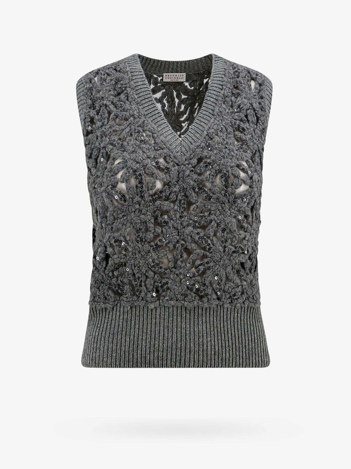 【送料&関税込】Brunello Cucinelli Crochet Knit V-neck Vest Open-knit cotton-blend sweater vest in beige - Brunello