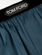 TOM FORD - Velvet-Trimmed Stretch-Silk Satin Boxer Shorts - Blue