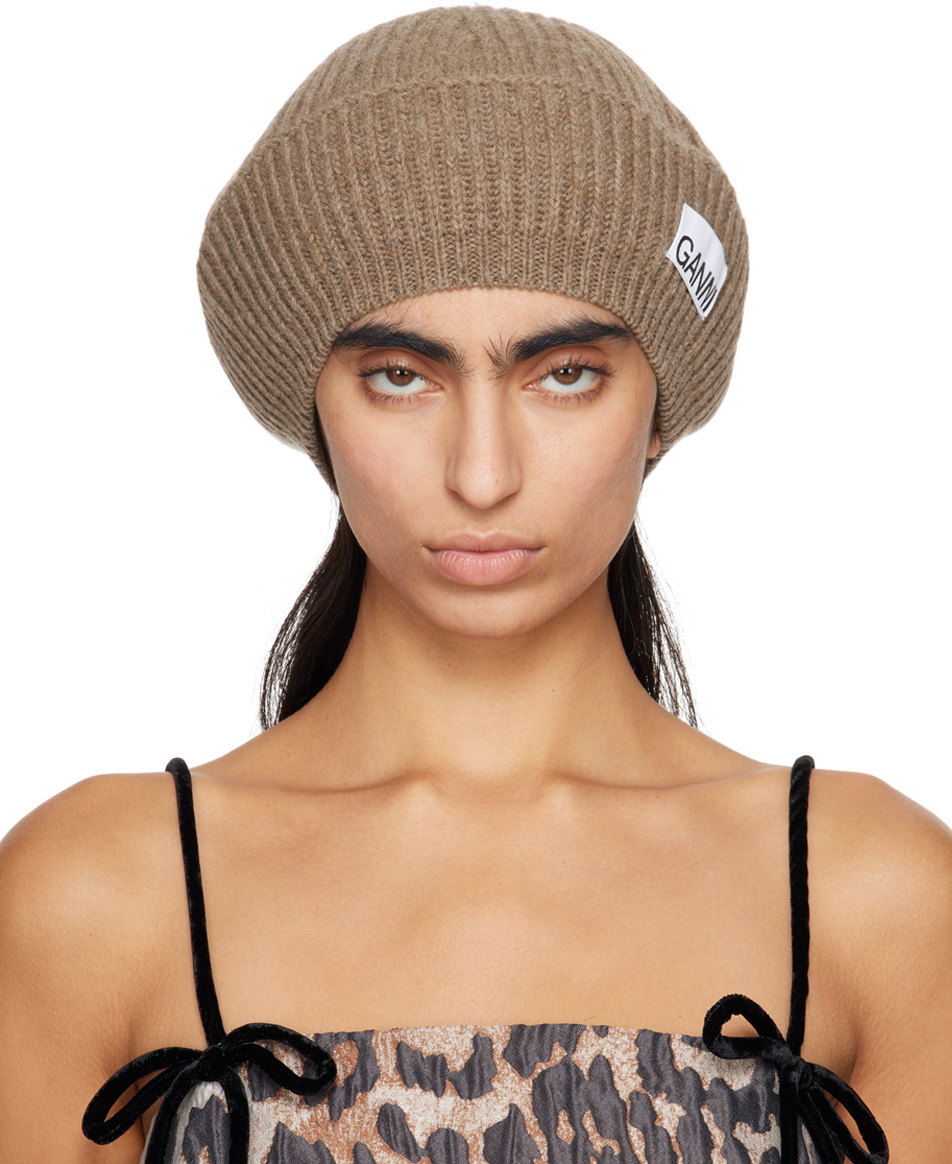 GANNI Taupe Wool Rib Knit Beret GANNI display picture 1