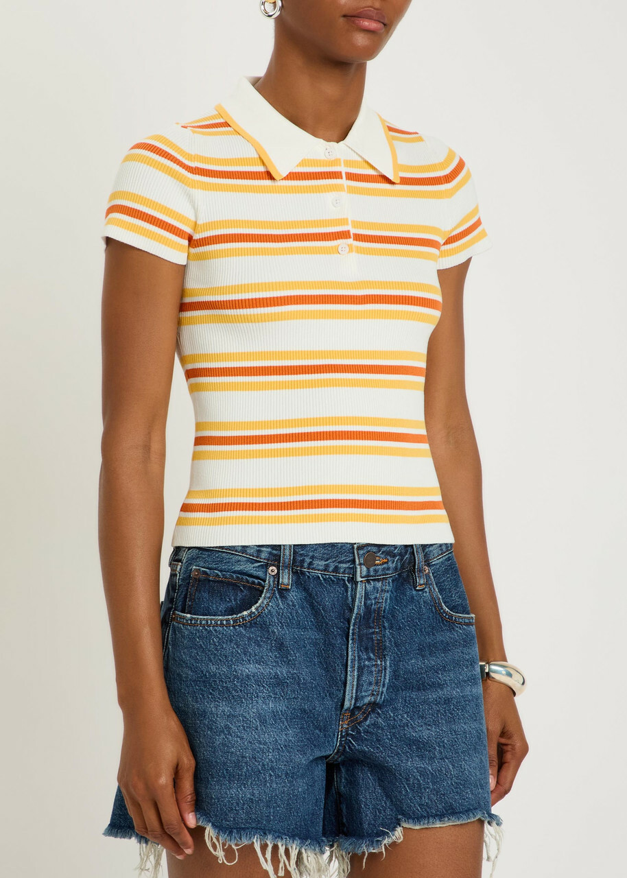 Simkhai Luka Striped Cotton-blend Polo top Yellow