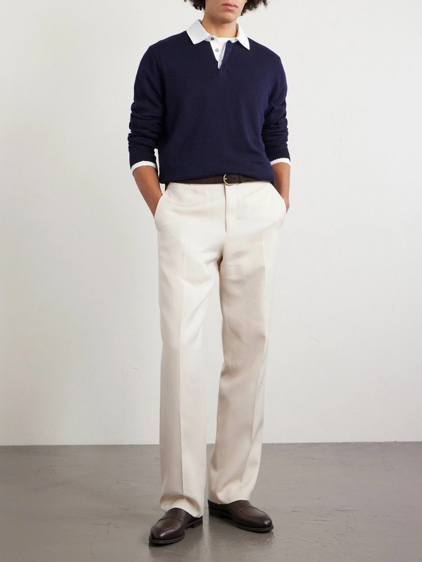 Photo: Dunhill - Cotton-Trimmed Cashmere and Linen-Blend Polo Shirt - Blue
