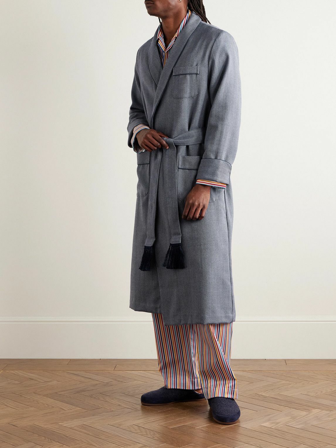 Derek Rose - Lincoln 11 Belted Herringbone Wool Robe - Blue