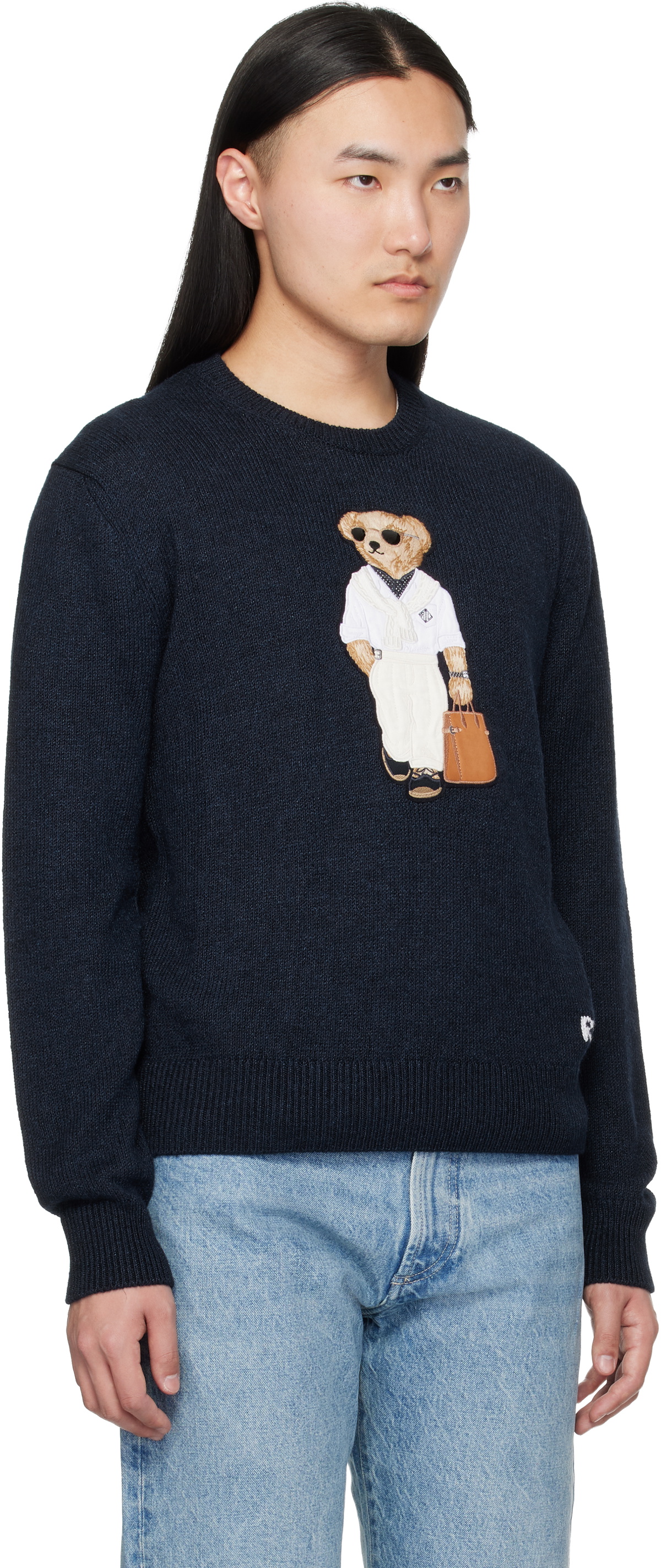 Ralph Lauren Purple Label Navy 'Polo Bear' Silk-Linen Sweater