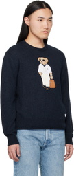 Ralph Lauren Purple Label Navy 'Polo Bear' Silk-Linen Sweater