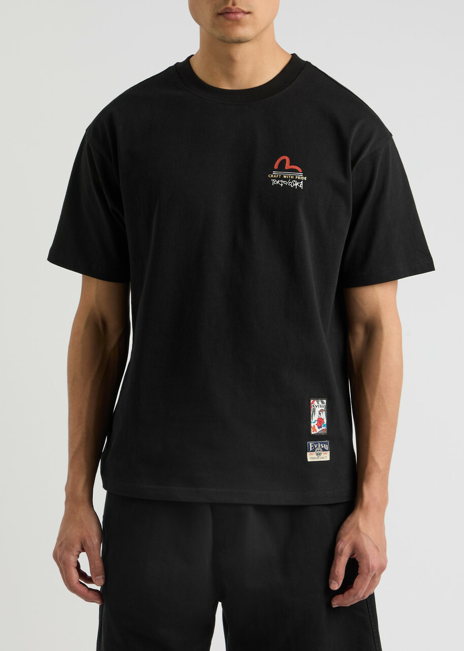 Evisu Hanafuda Kamon Printed Cotton T-shirt Black