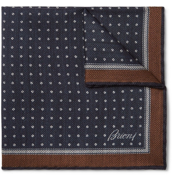 Photo: Brioni - Polka-Dot Herringbone Wool and Silk-Blend Pocket Square - Navy