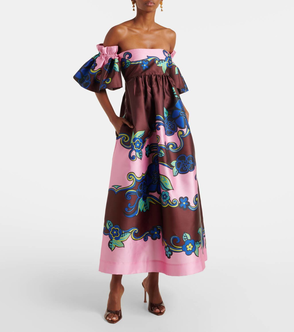 knee length dresses for ladies Off White Floral Off Shoulder Midi Dress | Purple Door
