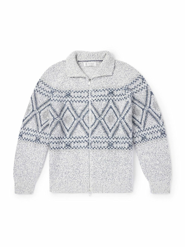 Photo: Brunello Cucinelli - Fair Isle Wool, Silk and Cashmere-Blend Zip-Up Cardigan - Gray