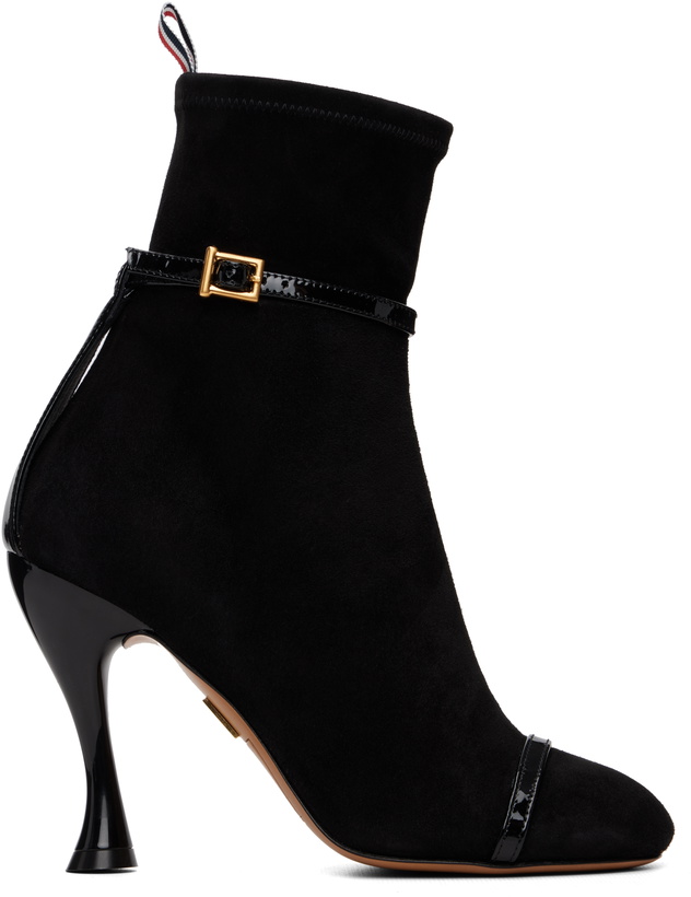 Photo: Thom Browne Black Soft Suede Trompe L'Oeil 4-Bar 105 Ankle Boots