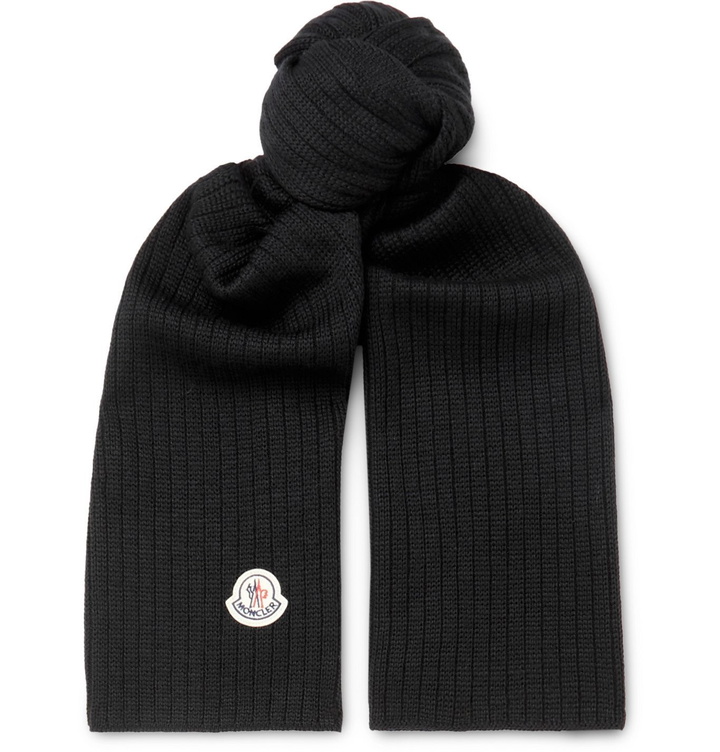 Photo: Moncler - Logo-Appliquéd Ribbed Virgin Wool Scarf - Black