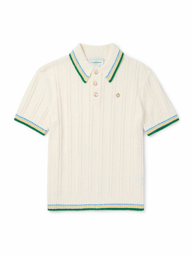 Photo: Casablanca - Logo-Embellished Ribbed Cotton-Blend Bouclé Polo Shirt - Neutrals