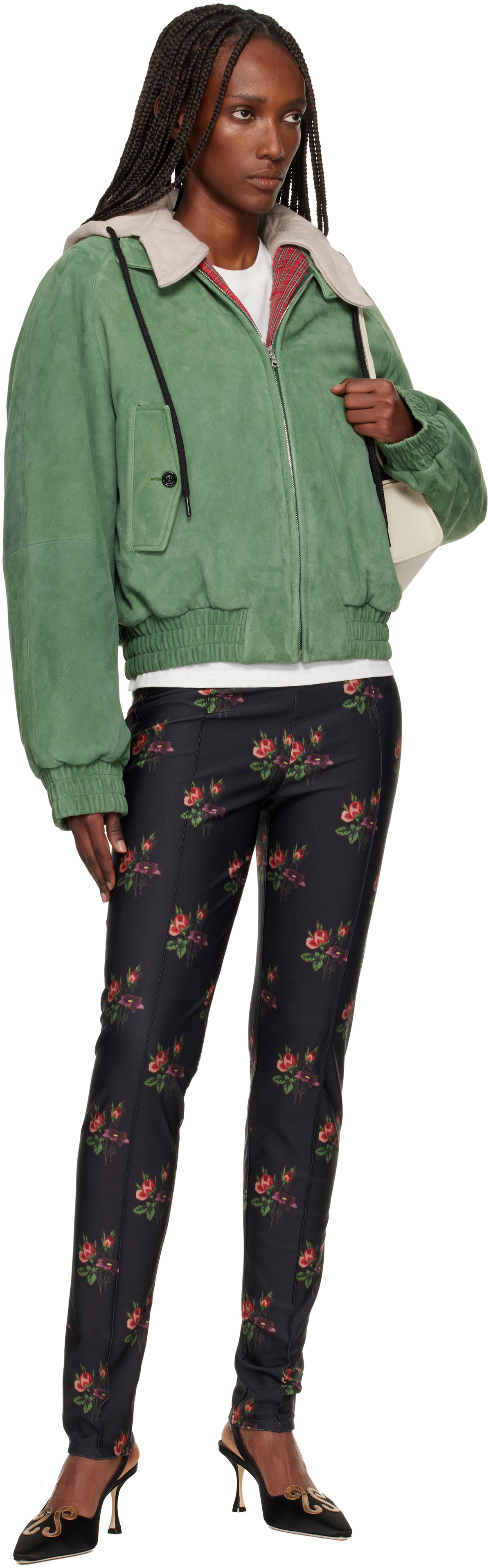 Meryll Rogge Green Detachable Hood Suede Bomber Jacket
