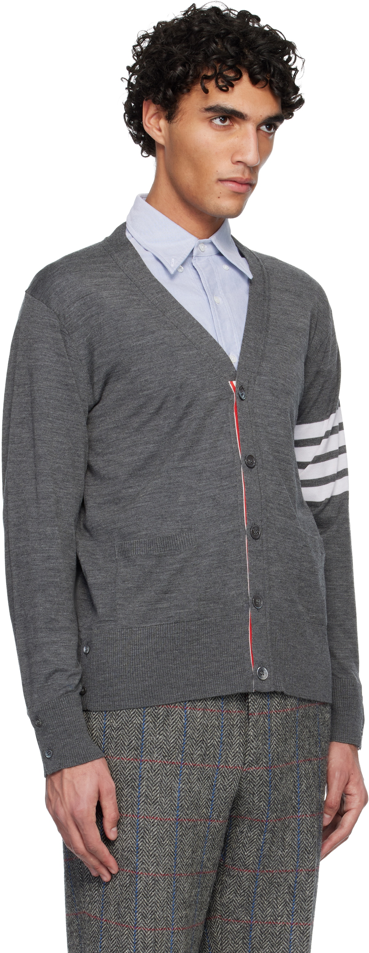 Thom Browne Gray Merino Wool 4-Bar Classic V-Neck Cardigan Thom Browne