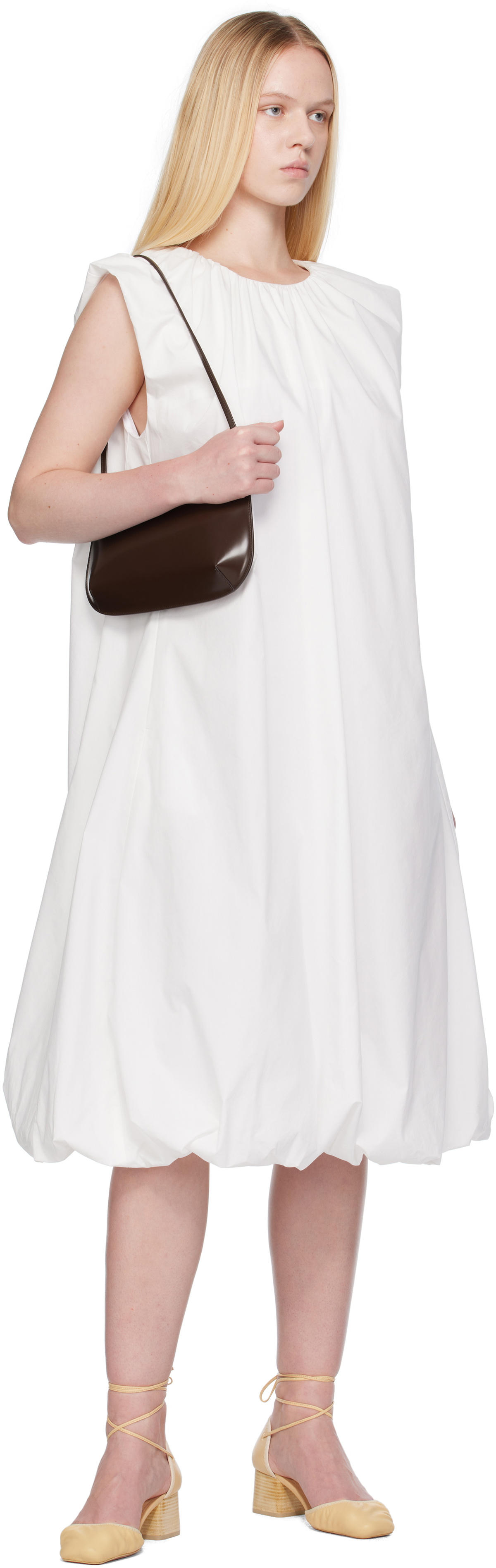 AMOMENTO White Cotton Volume Shirring Minidress