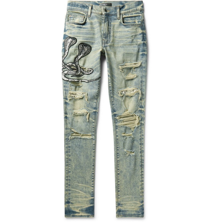 Photo: AMIRI - MX1 Skinny-Fit Appliquéd Faux Snake-Panelled Distressed Stretch-Denim Jeans - Light denim