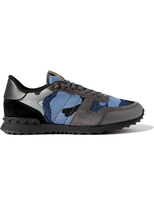 Photo: VALENTINO - Valentino Garavani Rockrunner Camouflage-Print Mesh, Leather and Suede Sneakers - Blue