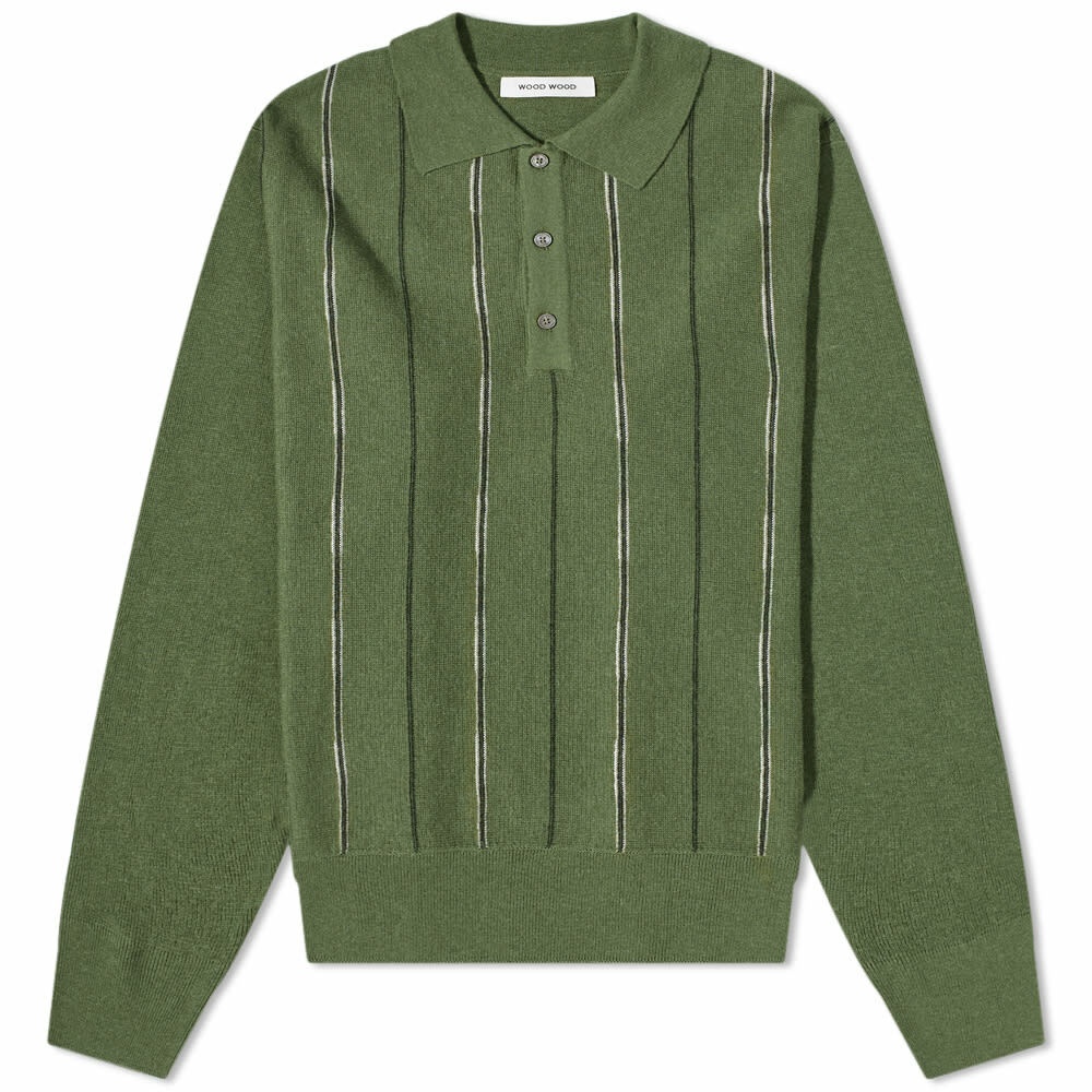 Photo: Wood Wood Men's Cooper Knit Long sleeve Polo Shirt in Olive