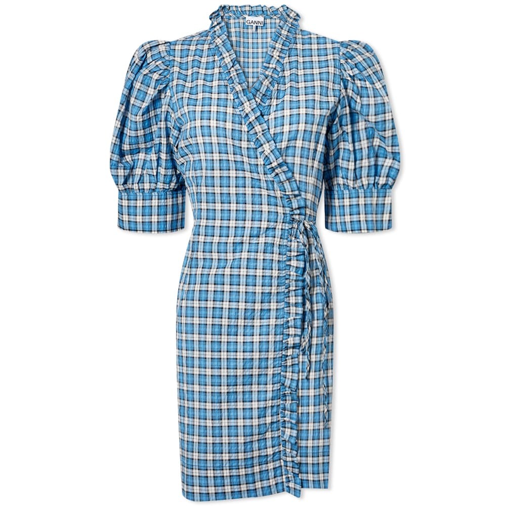 ganni seersucker check dress blue GANNI Seersucker Mini Dress