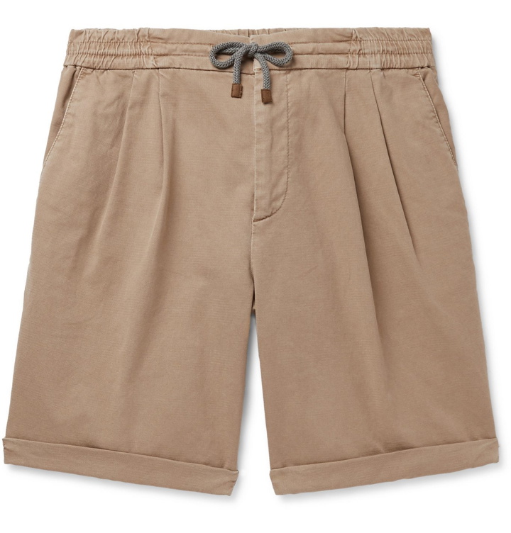 Photo: Brunello Cucinelli - Pleated Checked Stretch-Cotton Twill Drawstring Shorts - Brown