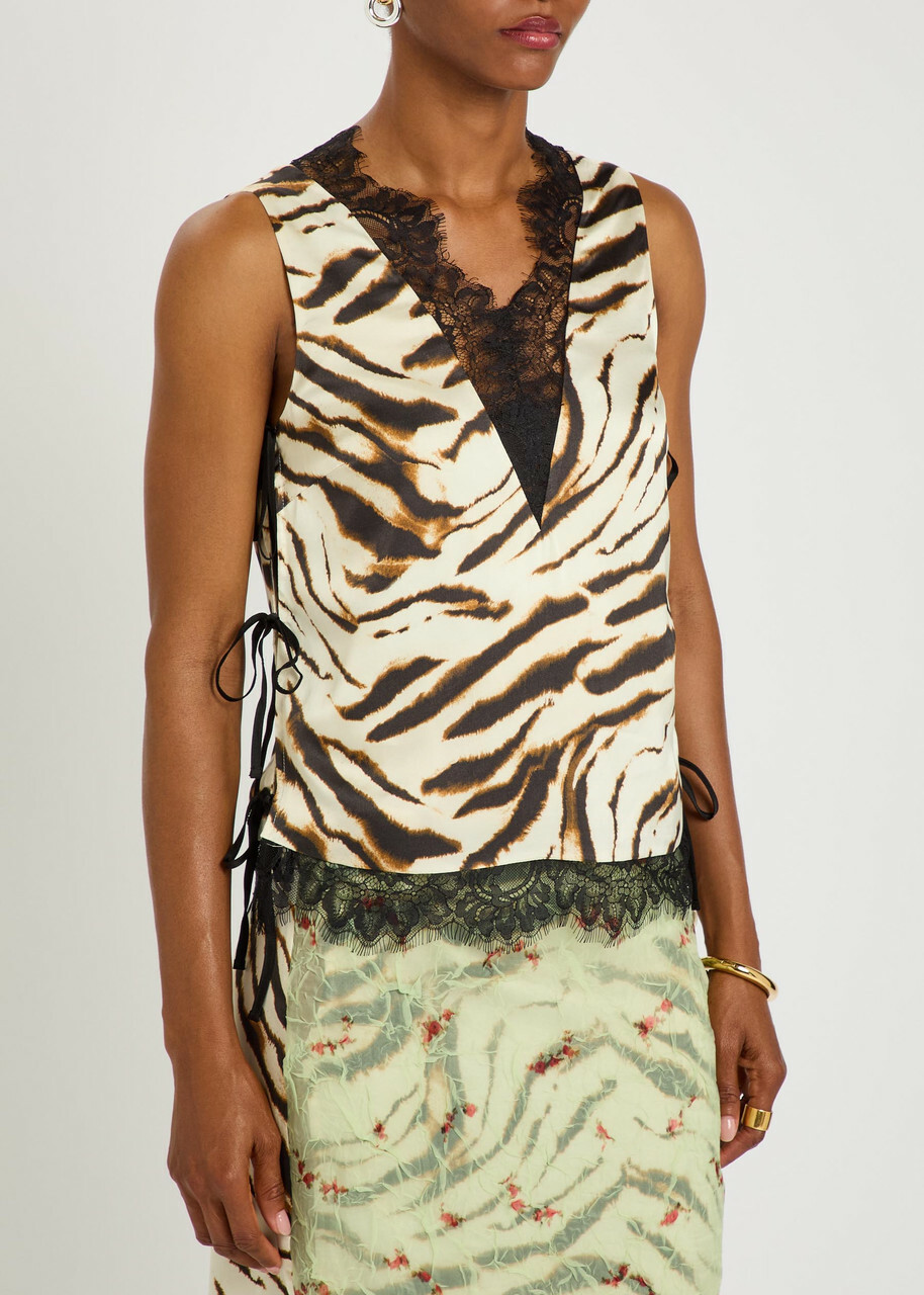 Ganni Printed Lace-trim Satin top White