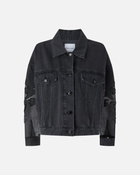 Pinko Black Denim Jacket With Organza Sleeves Limo Black