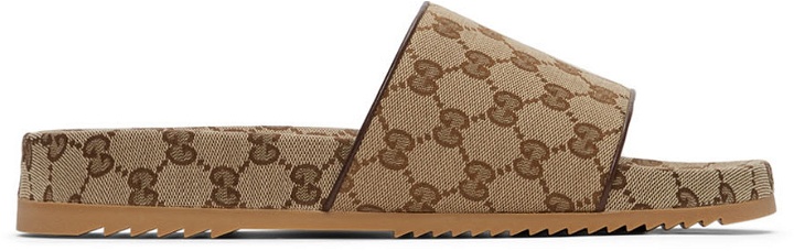 Photo: Gucci Beige Canvas GG Slide Sandals