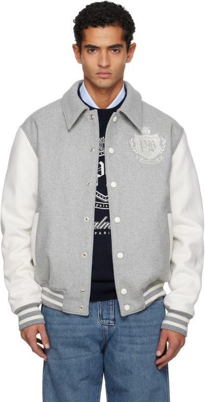 Photo: Balmain Gray Bicolor Wool Varsity Bomber Jacket