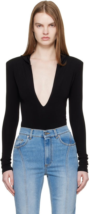 Photo: Mugler Black Hooded V-Neck Bodysuit