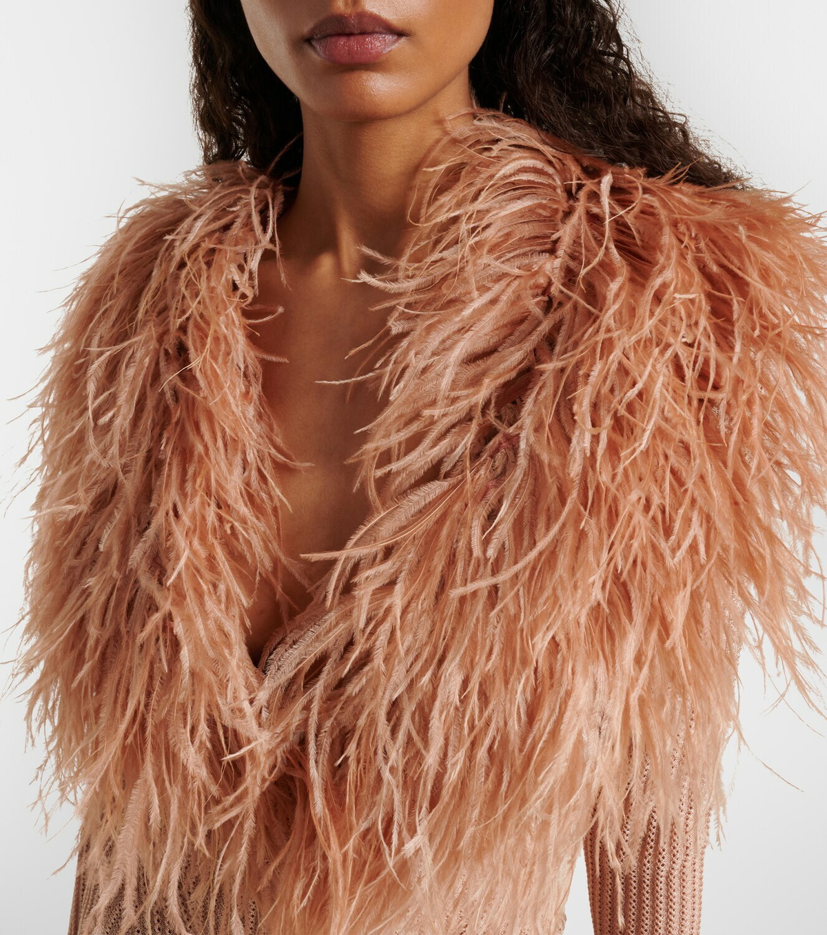 Blumarine Feather-trimmed ribbed-knit cardigan