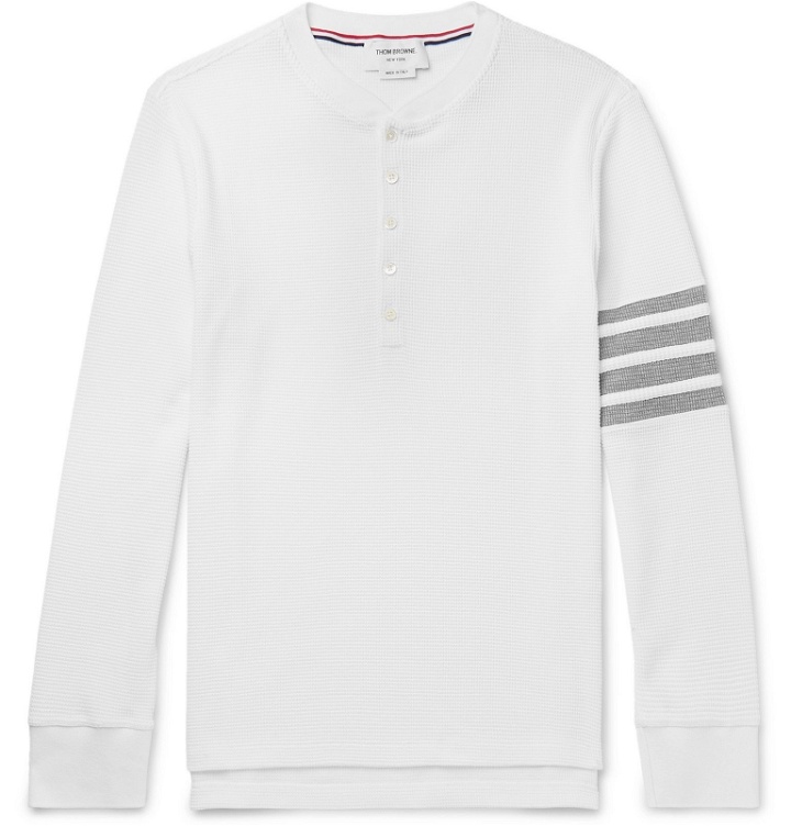 Photo: Thom Browne - Striped Waffle-Knit Cotton Henley T-Shirt - White