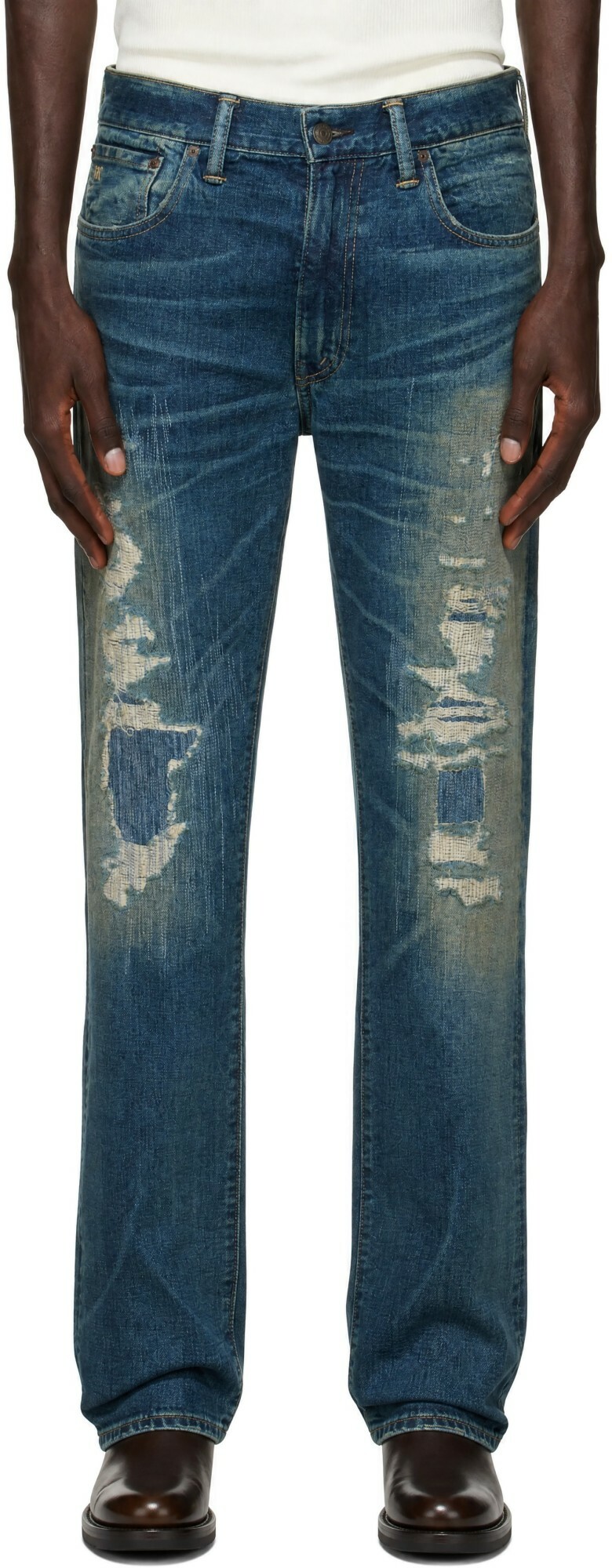 RRL Blue High Slim Distressed Jeans