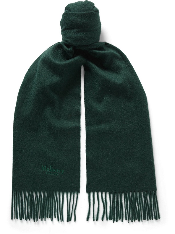 Photo: MULBERRY - Logo-Embroidered Fringed Cashmere Scarf - Green