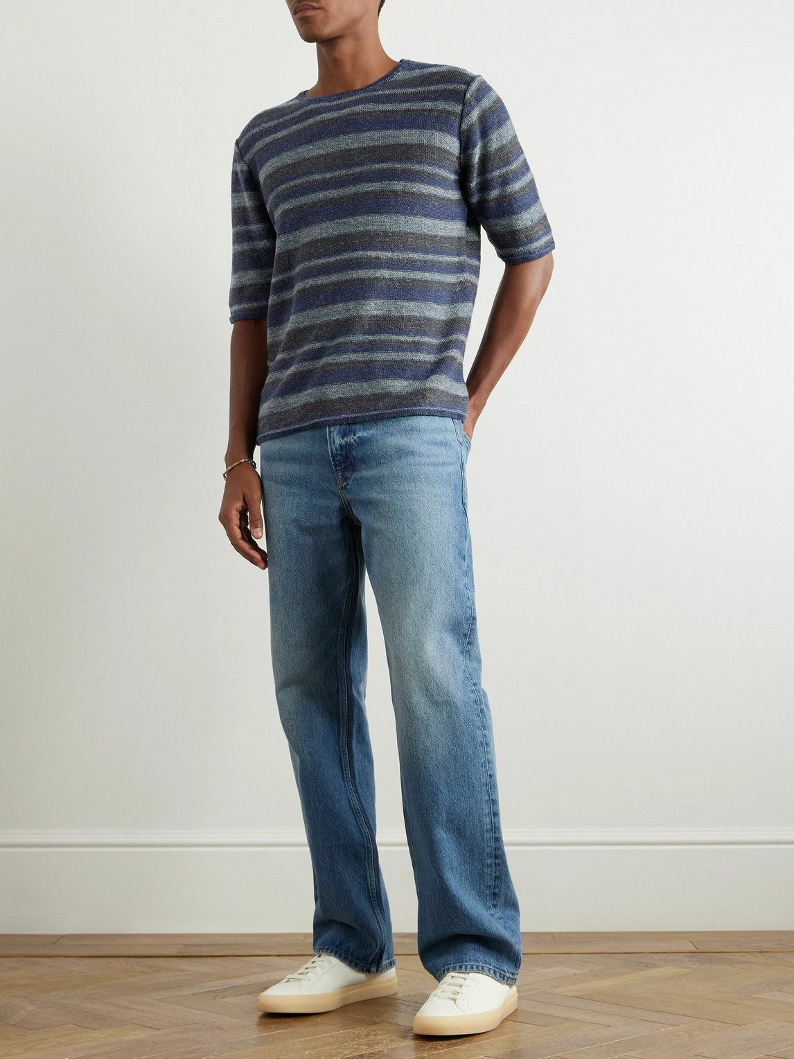 Inis Meáin - Strata Striped Knitted Linen T-Shirt - Blue