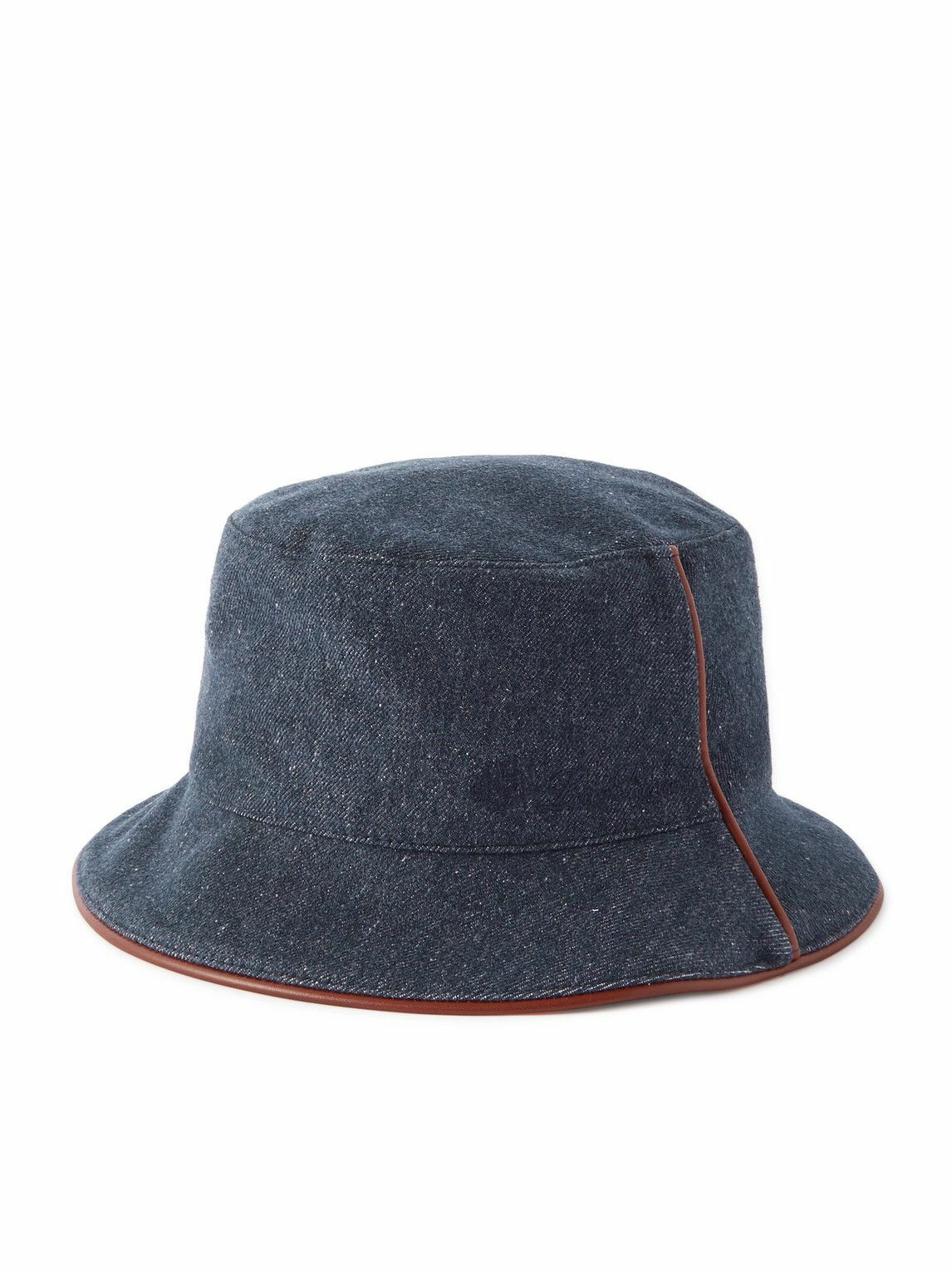 Photo: Loro Piana - Leather-Trimmed Logo-Embroidered Denim Bucket Hat - Blue