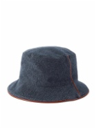 Loro Piana - Leather-Trimmed Logo-Embroidered Denim Bucket Hat - Blue