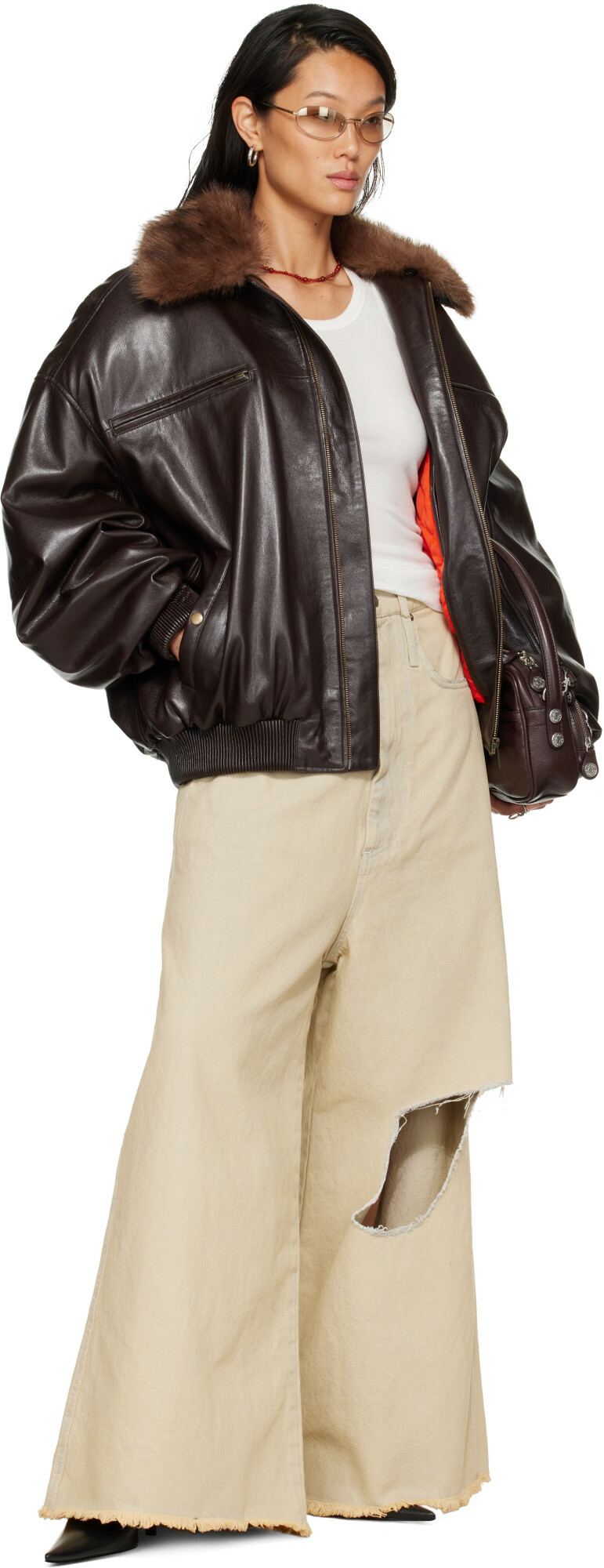 LU'U DAN Brown Faux-Leather Cargo Flight Jacket