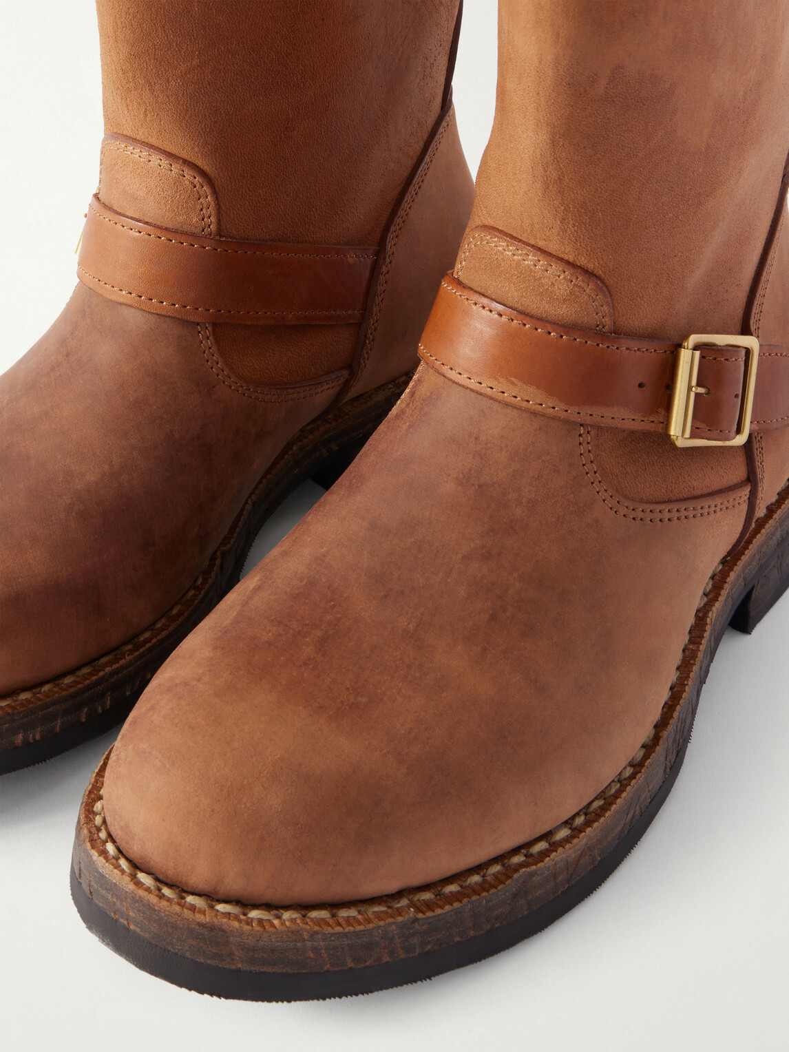 Visvim - T.W.O. Folk Distressed Buckled Textured-Leather Boots - Brown