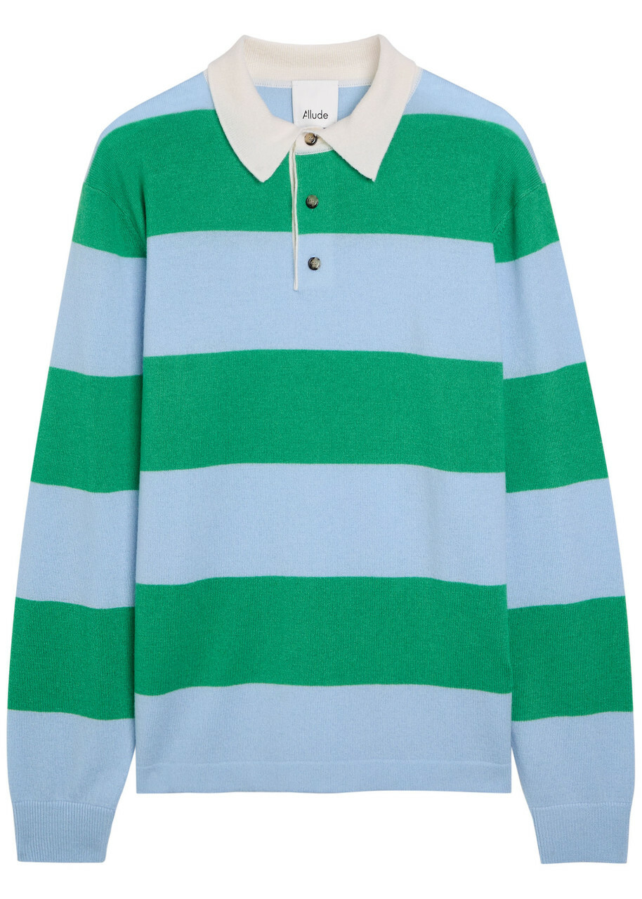 Allude Striped Wool and Cashmere-blend Polo Shirt Green