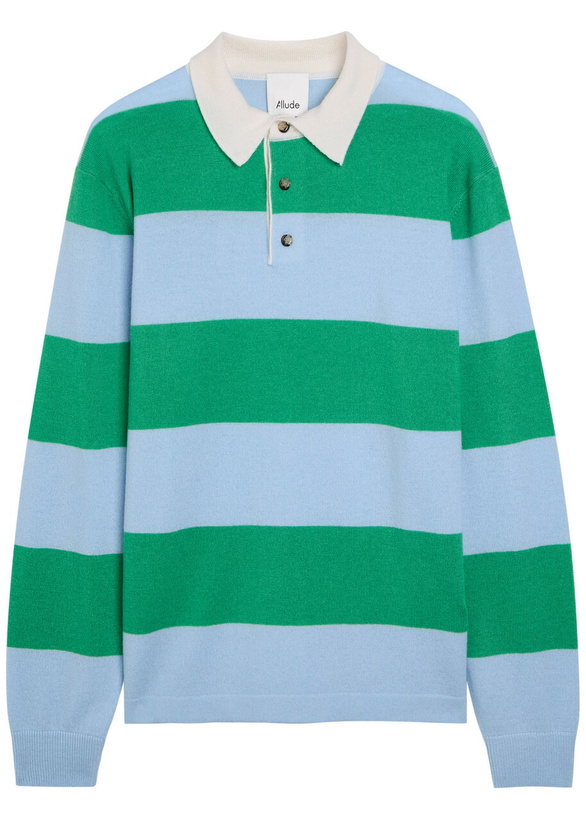 Photo: Allude Striped Wool and Cashmere-blend Polo Shirt Green