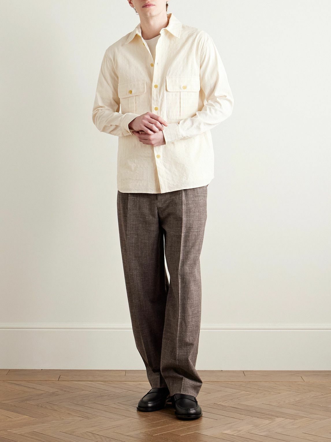 MILES LEON - Field Striped Tumbled Cotton and Linen-Blend Shirt - Neutrals