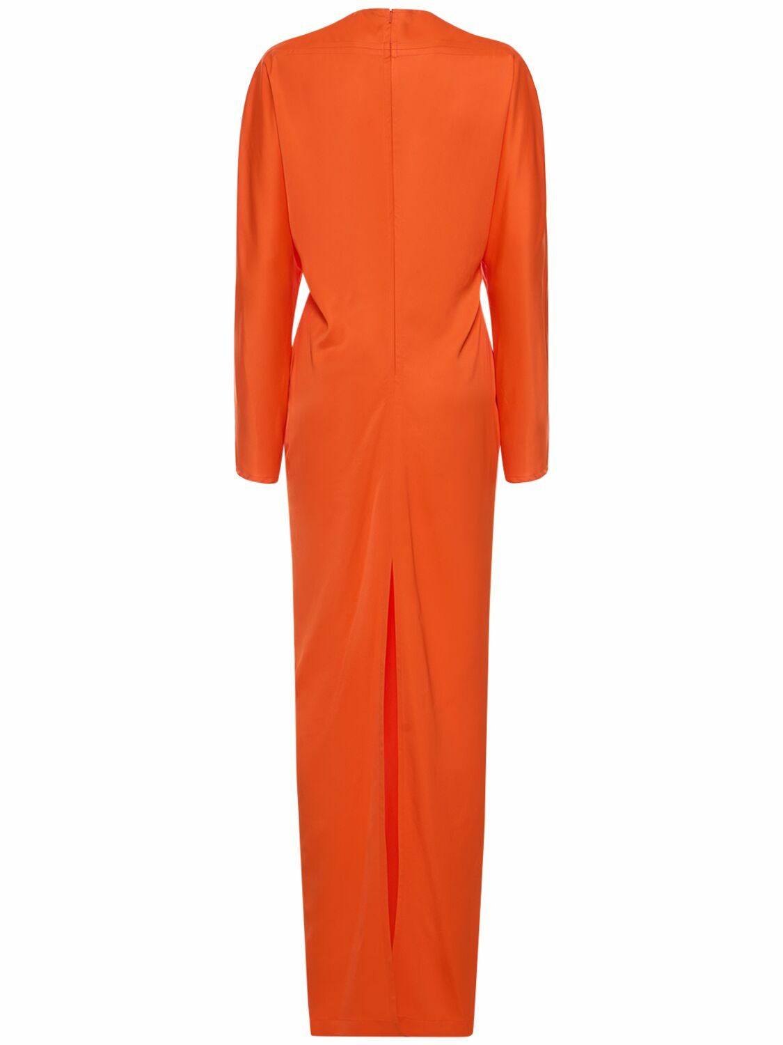 【関税&送料込】Salvatore Ferragamo Stretch Viscose Blend Bo FERRAGAMO - Stretch Viscose Satin V-neck Long Dress